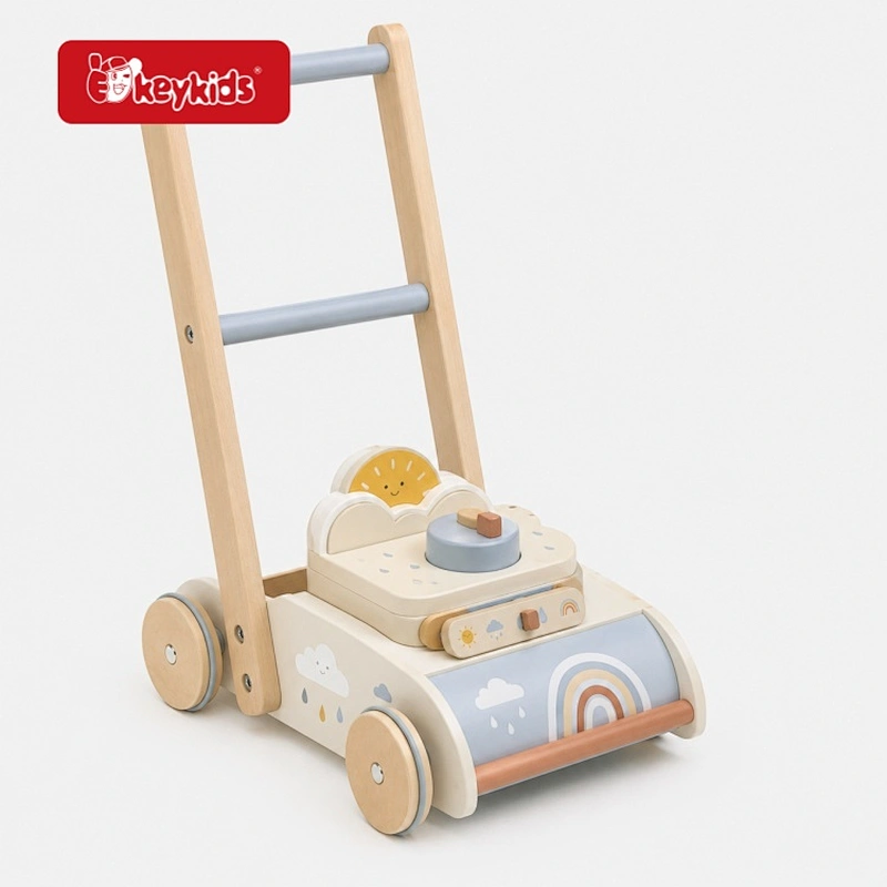 2026 Wooden Baby Push Along Lawn Mower Toy With Clicking Sound Mechanism Rainbow and Sun Motif Walking Aid for Toddlers W10L287